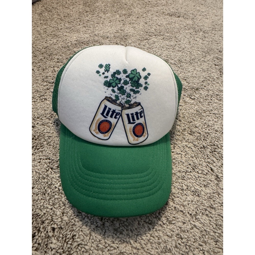 Miller Lite 5 Panel Hat Green One Size Mesh Trucker Beer St Patricks Day Clover